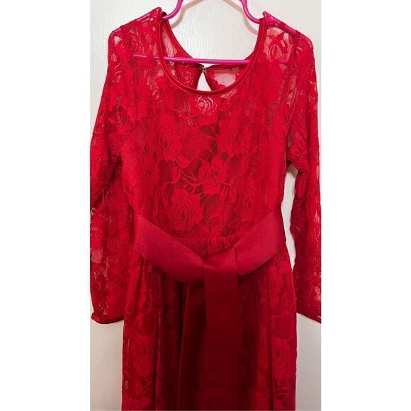 Girls Lace Long Sleeves Scoop Neck Belted Pullover Long Maxi Dress Red Sz 8-9Y - Picture 4 of 10